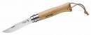 Opinel-Messer Nr. 8, rostfreier Sandvik-Stahl 12C27, naturfarbener Buchenholzgriff, Lederriemen, Virobloc-System
